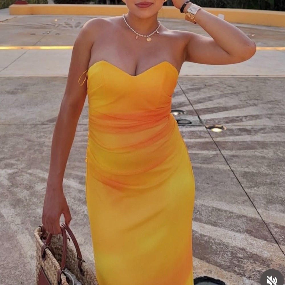 Zara NWT yellow orange tie dye printed tulle midi draped ruched sweetheart dress - Picture 9 of 15